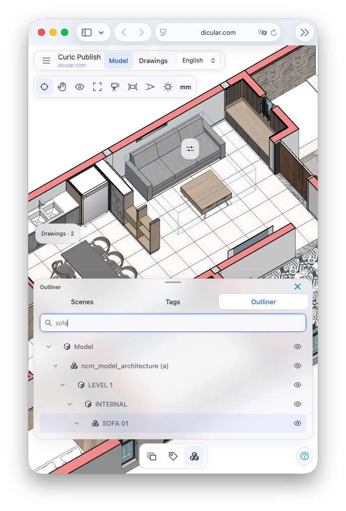 Outliner search finding a sofa in the model hierarchy.