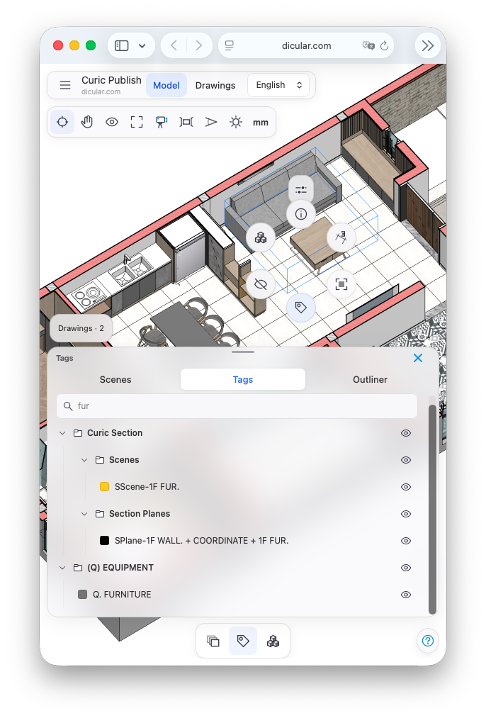Tags panel with furniture visibility controls in the mobile viewer.