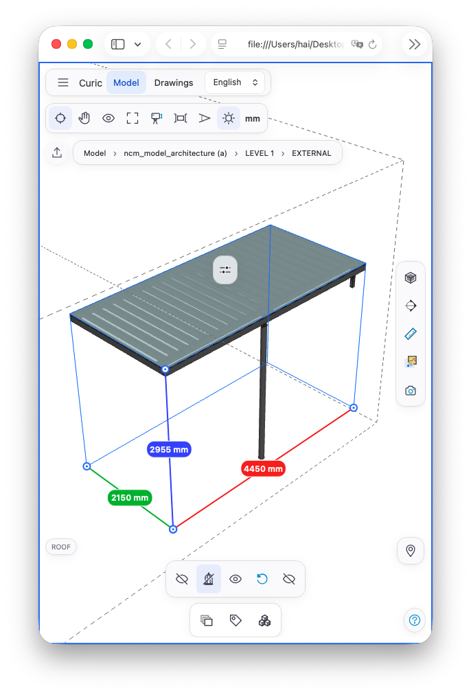 Portrait viewer isolating a canopy with its dimensions visible.