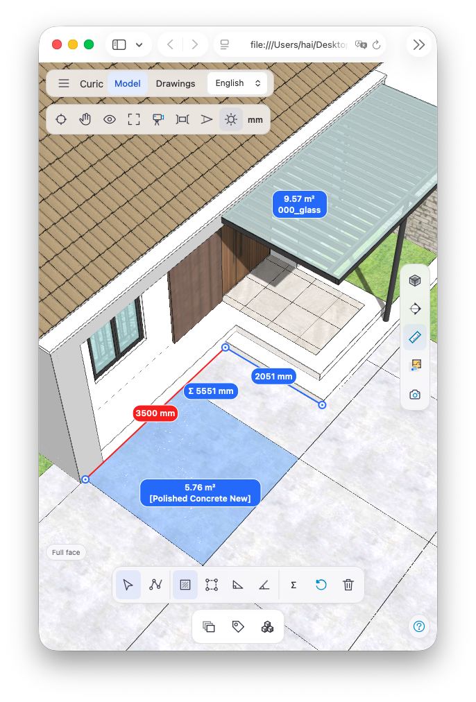 Portrait viewer measuring distances and surface areas around a house entrance.