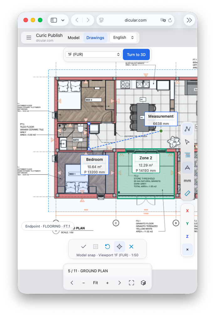Scaled drawing measurement showing distances, room areas and perimeters.