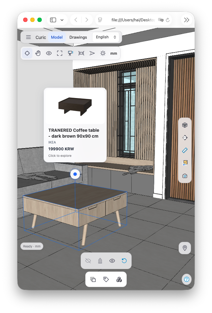 Portrait viewer showing a selected coffee table and its product information.
