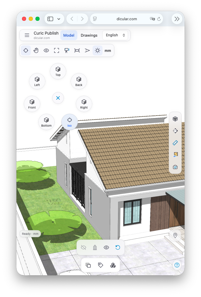 Standard view controls for top, front, side and isometric model views.
